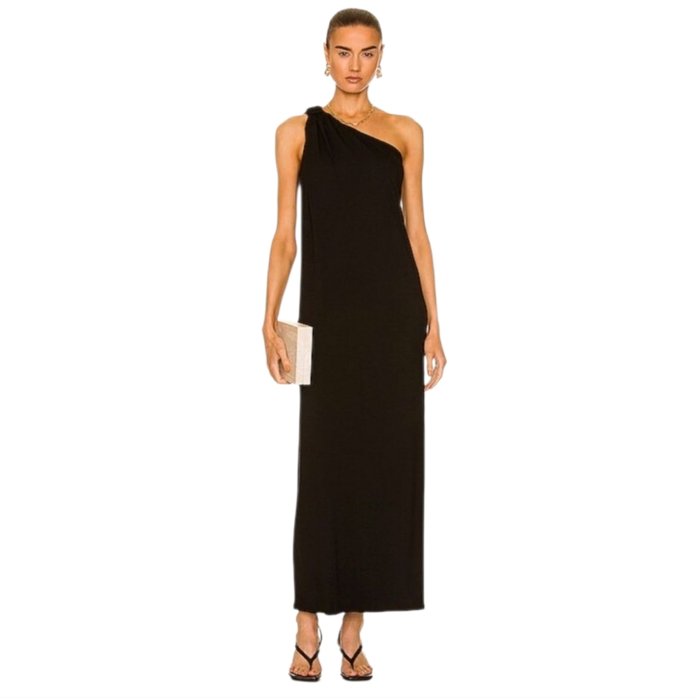 ENZA COSTA One Shoulder Black Jersey Maxi Dress Shelf Bra Minimalist Glam M